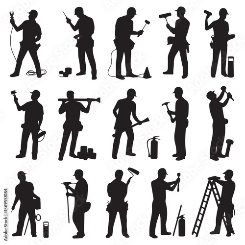 Collection of silhouettes of construction workers performing various tasks with tools and equipment on a white background