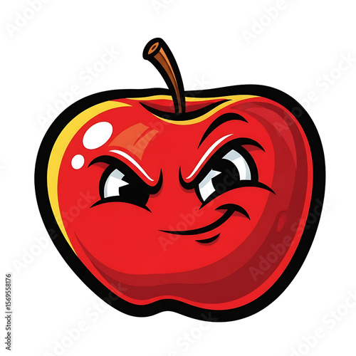 Mischievous Red Apple: Cartoon Fruit with a Sly Grin, 
Angry Apple Character Illustration with a Wicked Smile, 
Cute Red Apple with a Playful and Expressive Face.