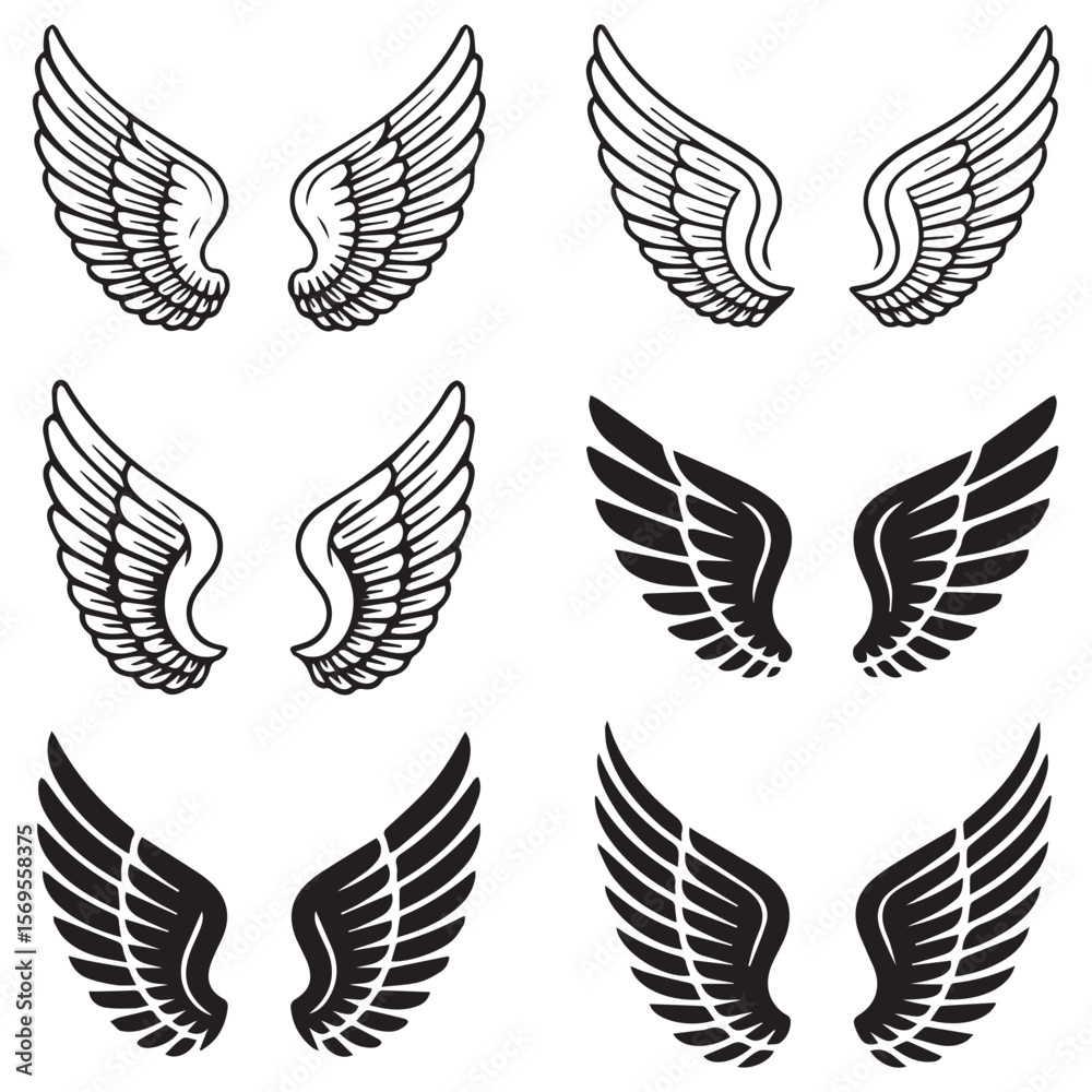 Fototapeta premium Collection of six stylized wing designs featuring both outline and solid black silhouettes on a white background