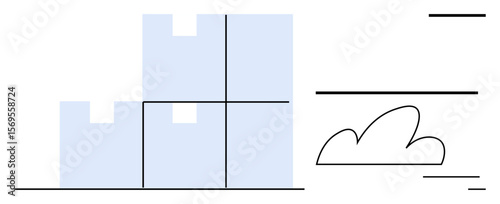 Blue geometric buildings stacked in grid pattern, simple cloud shape with horizontal lines. Ideal for architecture, urban planning, construction, innovation, creativity, minimalism, simple landing