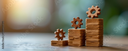 sme entrepreneur, stacking gear icons in ladder shape, operational growth identity, modern photo, macro with soft blur