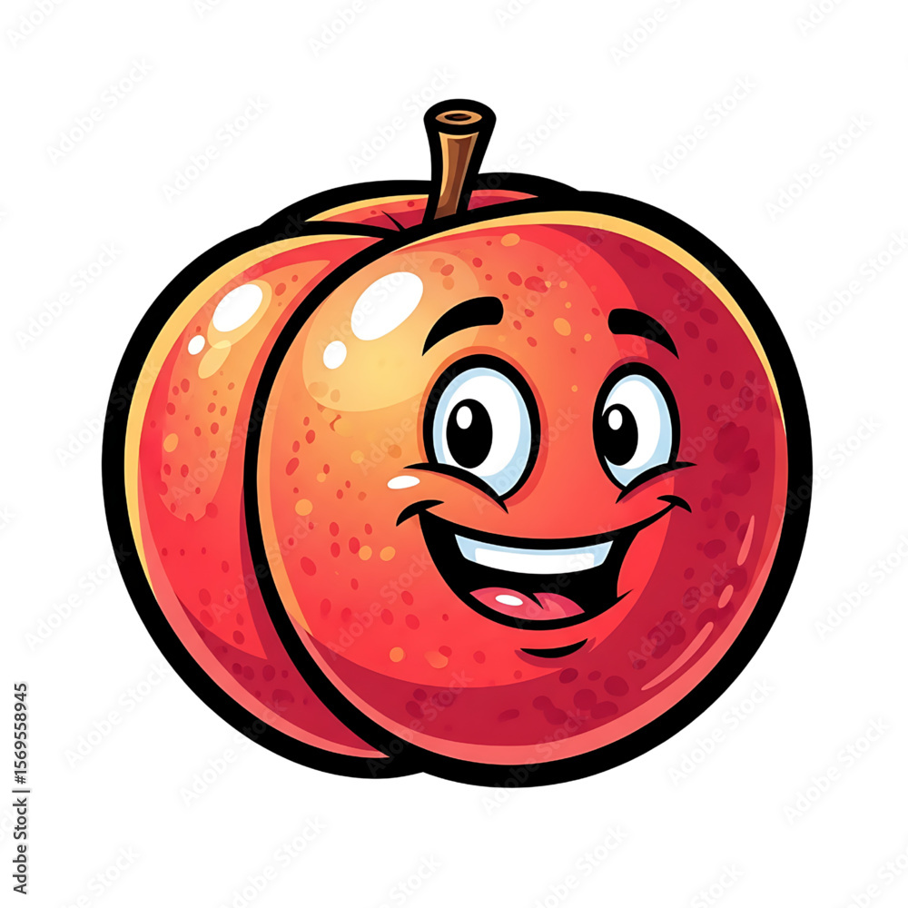 Obraz premium Happy Red Peach Cartoon Character Illustration, Cheerful Peach Fruit with a Big Smile, Vibrant Cartoon Peach Mascot for Healthy Eating.
