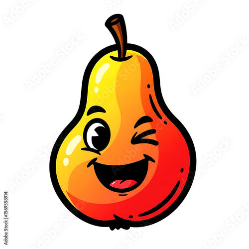 Happy Winking Pear: A Cheerful Cartoon Fruit Character, 
Joyful Pear Illustration with a Playful Wink, Cute Yellow and Red Pear with Expressive Face.