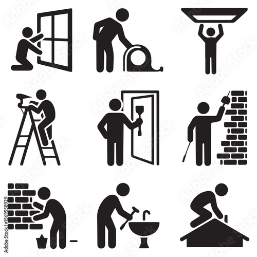 Collection of simple black silhouette icons depicting various home improvement and repair tasks performed by people