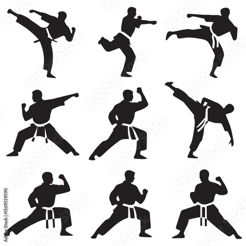 Collection of black silhouettes of karate fighters performing various martial arts moves and kicks