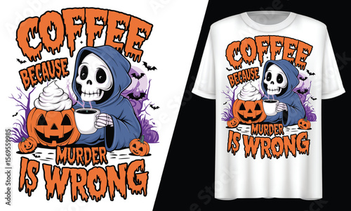 Grim Reaper with Coffee, T-Shirt Design.