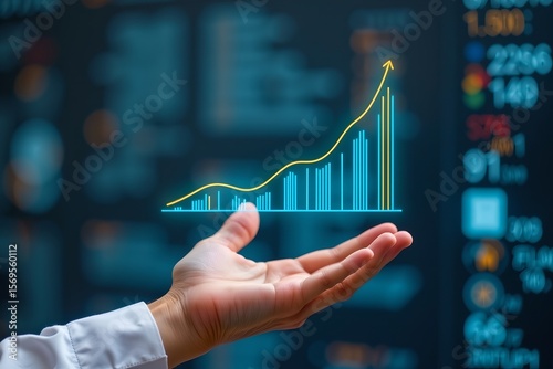 clinical ai service, hand supporting floating chart with expanding curve, tech assisted diagnosis identity, symbolic ui, macro