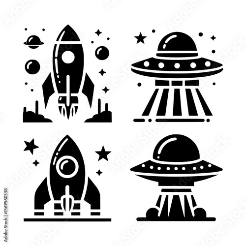 Stylized black and white icons of rockets and flying saucers in space
