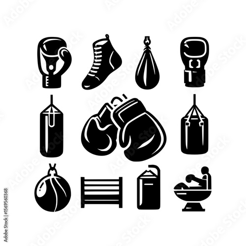 Collection of black boxing equipment icons on a white background