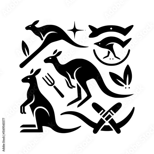 Stylized black kangaroo icons with australian themed elements on white background