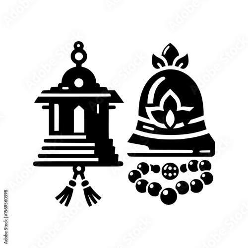 Stylized japanese temple bell and lantern with prayer beads