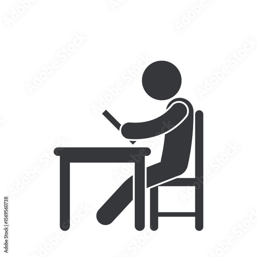 Isolated pictogram of a person sitting at a desk reading a book, symbolizing education, studying, knowledge, and academic learning environment.