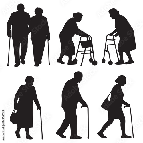 Collection of diverse elderly people silhouettes walking with canes and walkers representing aging and mobility assistance
