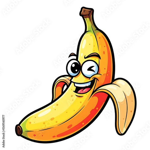 Happy Banana: A Winking Cartoon Fruit Character, 
Joyful Peeled Banana Illustration with a Cheerful Face, 
Cute Yellow Banana with Expressive Wink.