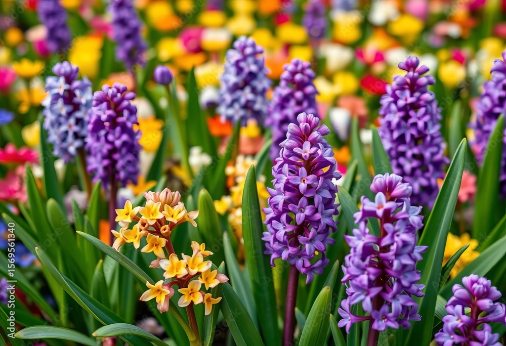 Fototapeta premium Vibrant Easter hyacinth flower bed, colorful blooms close-up, spring background, beautiful