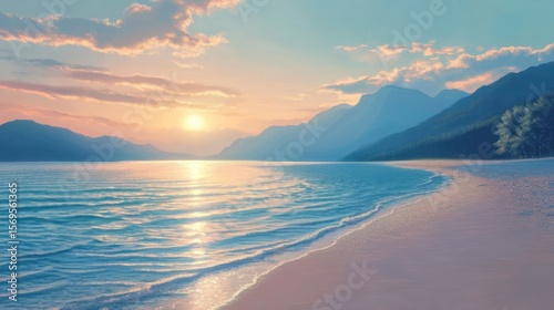 Serene coastal scene with gentle waves and mountainous backdrop at twilight