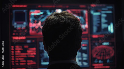 Man analyzing futuristic red digital interface with biometric data and surveillance information in dark room.