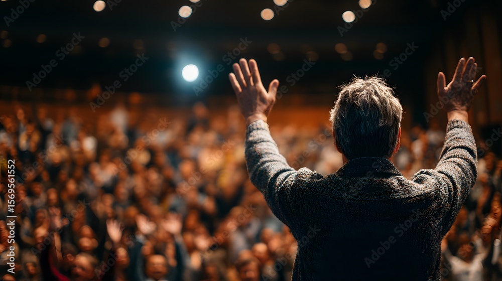 A speaker addresses a large crowd with outstretched arms, silhouetted against stage lights. The audience is engaged and responsive. A speaker addresses a large crowd with outstretched arms, silhouetted against stage lights. The audience is engaged and responsive.