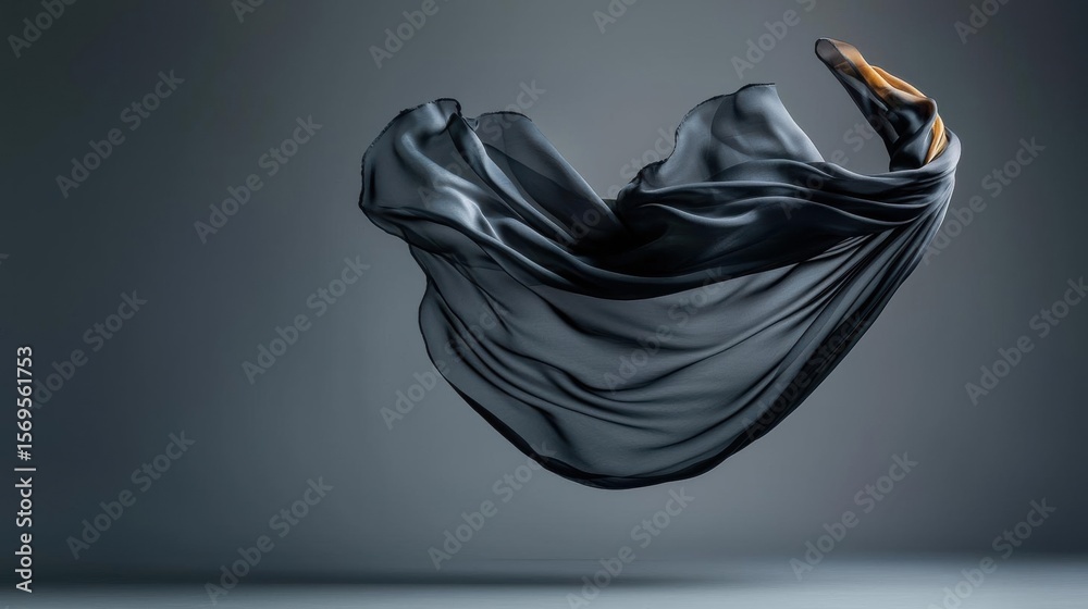 Naklejka premium Black fabric flying in the air against a dark grey background. the fabric appears to be flowing in a way that creates a sense of movement and energy.