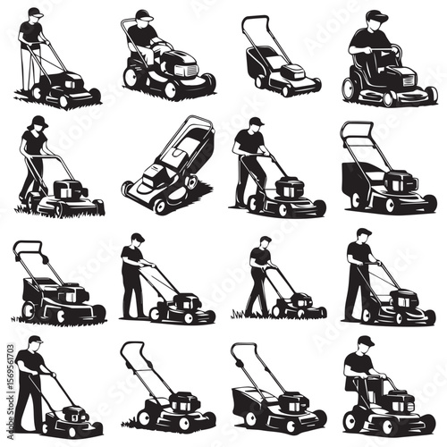 Collection of silhouetted figures operating various types of lawn mowers in black and white