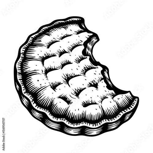 Cookie with bite mark in hand-drawn engraving style, a vintage pastry illustration. Cookie with bite mark details the textured surface and partially eaten form.