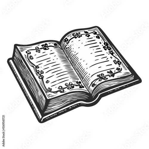 Open recipe book illustration featuring hand drawn style engravings. Open recipe book displays floral decorations and empty pages, ideal for personal notes.