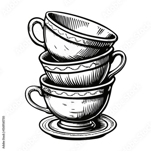 Stack of teacups in detailed hand-drawn engraving with vintage teacups, showcasing classic English teaware. Stack of teacups rendered with meticulous crosshatching.