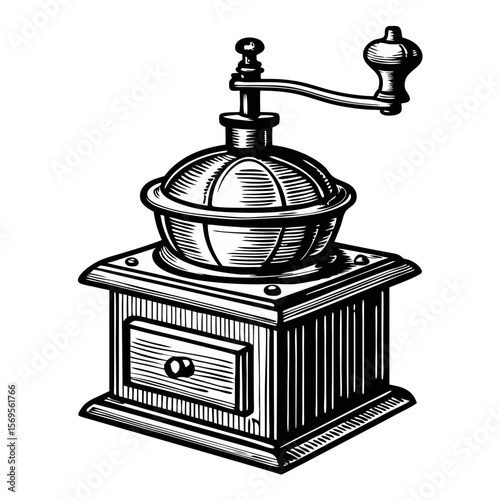 Vintage coffee grinder, a hand-drawn engraving featuring manual mechanism and rustic design. Detailed vintage coffee grinder showcases intricate lines and shading, capturing old-fashioned charm.