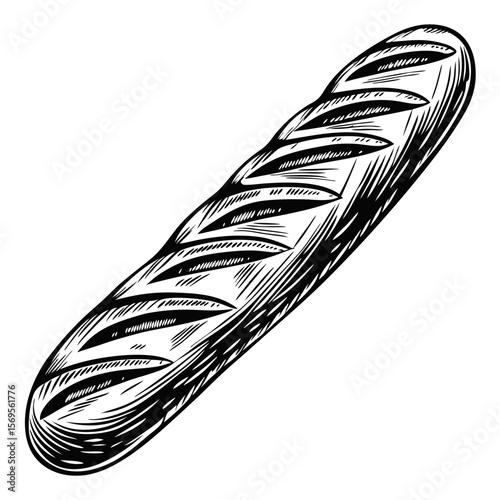 Hand-drawn engraving of a crusty baguette, a classic French loaf. Baguette is rendered with detailed line work, showcasing its signature slashes and elongated shape.