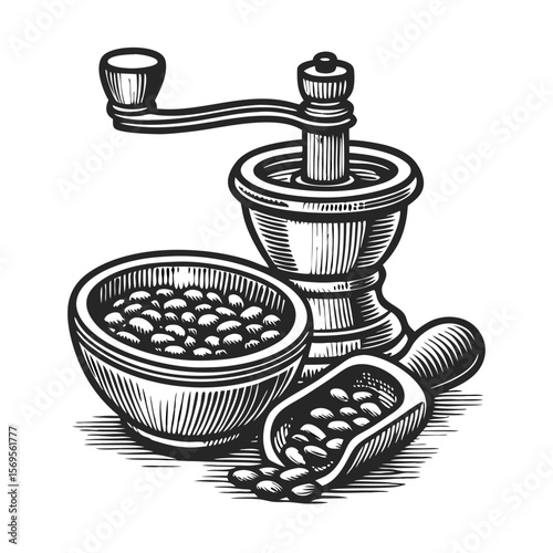 Beans and grinder in hand-drawn engraving, displaying rustic charm with classic coffee mill and a wooden bowl full of coffee beans. Beans and grinder presented in engraving style evoke nostalgia.