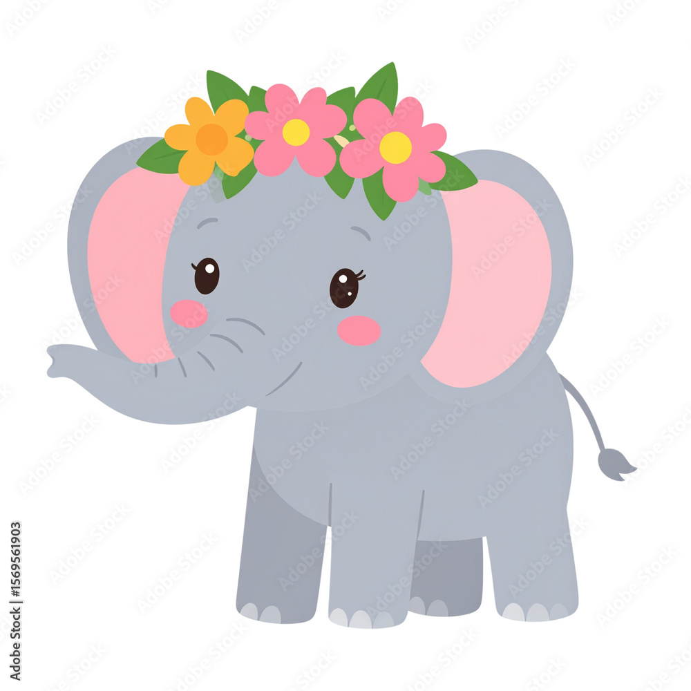 Fototapeta premium a charming cartoon elephant with large, floppy ears. it's standing against a white background, giving it a clean and simple look