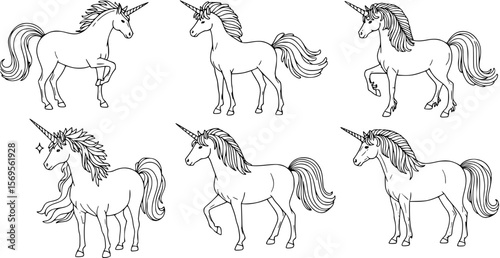 set of Magic Cute unicorns silhouettes. Stylish icons, vintage, background, horses tattoo. Hand drawn vector illustration, outline, isolated different unicorn body collection 