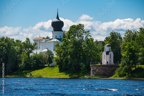 View of the Church of the Assumption of the Blessed Virgin Mary from Paromenya and the Olginsky Chapel from the Kremlin, Pskov, Russia.
