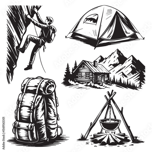 Black and white illustration of outdoor adventure elements including rock climbing camping tent backpack mountain cabin and campfire cooking