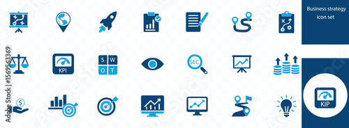 Business strategy icon set. Goal, vision, mission, planning, roadmap, business model, tactics, SWOT, competitive advantage