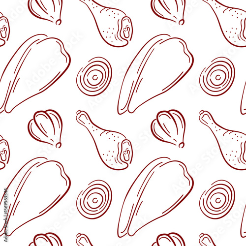 Seamless pattern with chicken drumstick and fillet, garlic and onion in line art style on white background. Perfect for butcher shop delivery packaging, cooking book and culinary design.
