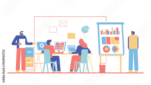 Team collaboration in office space with presentation and computer work environment displayed here