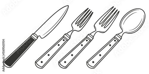 Outline illustration of a knife two forks and a spoon on white