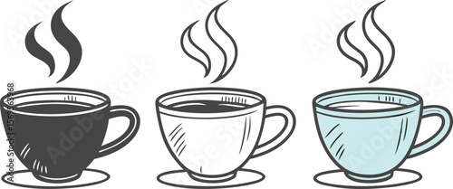 Three stylized steaming coffee cups in black white and blue colors