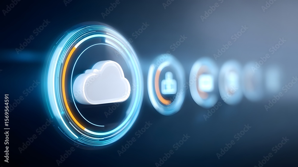 Obraz premium A digital cloud icon surrounded by glowing futuristic interface elements representing cloud computing and data connectivity.