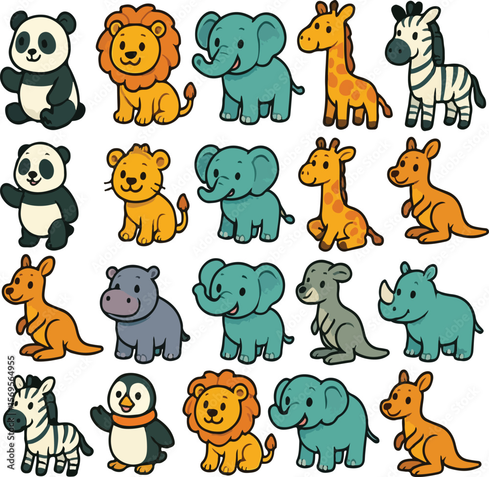 Cute Cartoon Safari Animal Icon Set for Kids


