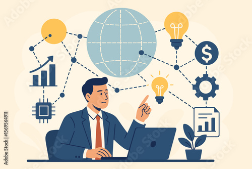 Businessman managing global network and investment project. Business strategy and technology development for service improvement. Innovation, data analysis, and financial growth concept.