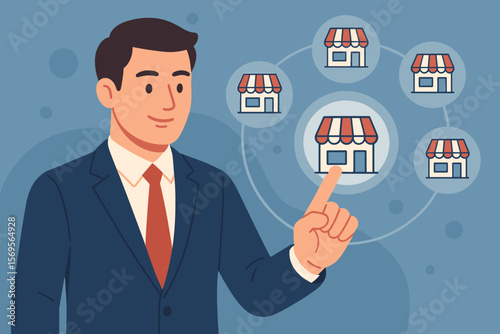 Businessman choosing franchise opportunity on virtual screen. Concept of business expansion, entrepreneurship, and retail chain management. Man touching store icon in a network. Vector.