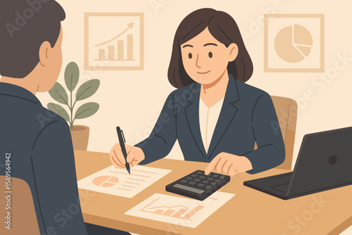 Financial advisor meeting with client for investment consulting. Business woman accountant calculating finances, analyzing data from charts and graphs. Modern flat vector illustration.