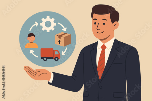 Supply chain management concept with a businessman presenting the logistics process flow. Icons for production, packaging, truck transport, and customer. Distribution and fulfillment network.