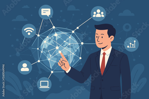 Businessman touching global network. Data exchange and communication technology concept for internet business. Social media, big data, IoT, and digital innovation vector illustration.