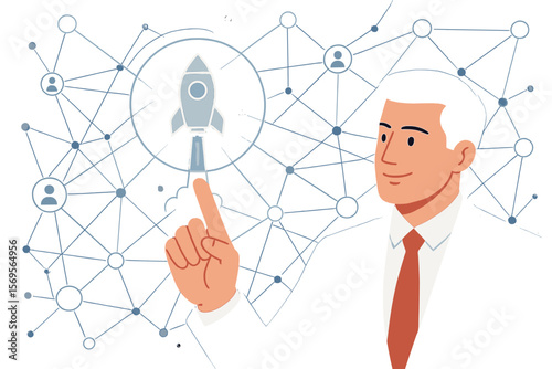 Businessman launching a startup rocket on a virtual interface. Business growth, innovation, and success concept. Man touching a futuristic network screen for project development.