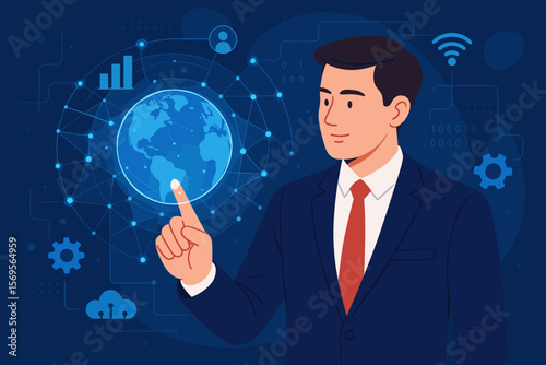 Businessman touching a virtual global network connection on a digital interface. Concept of modern business technology, innovation, big data, internet, and cloud computing.