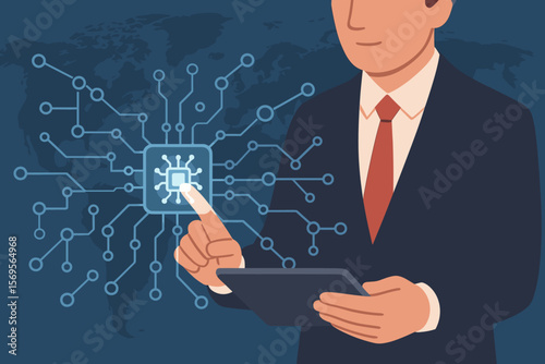Businessman with tablet interacts with virtual AI chip. Global network, blockchain, and data processing concept. Futuristic technology, innovation, microcircuit on world map vector.