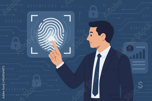 Businessman using fingerprint identification to access personal financial data. Biometric security concept for E-KYC, digital identity verification, cybersecurity, and data protection.
